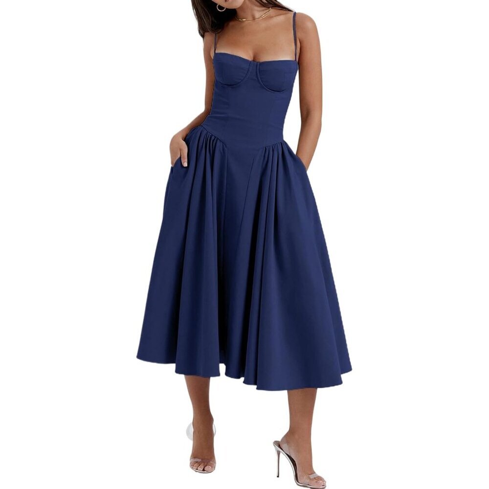 Women's Breathable Cotton Corset Dress Midi Spaghetti Strap Elegant